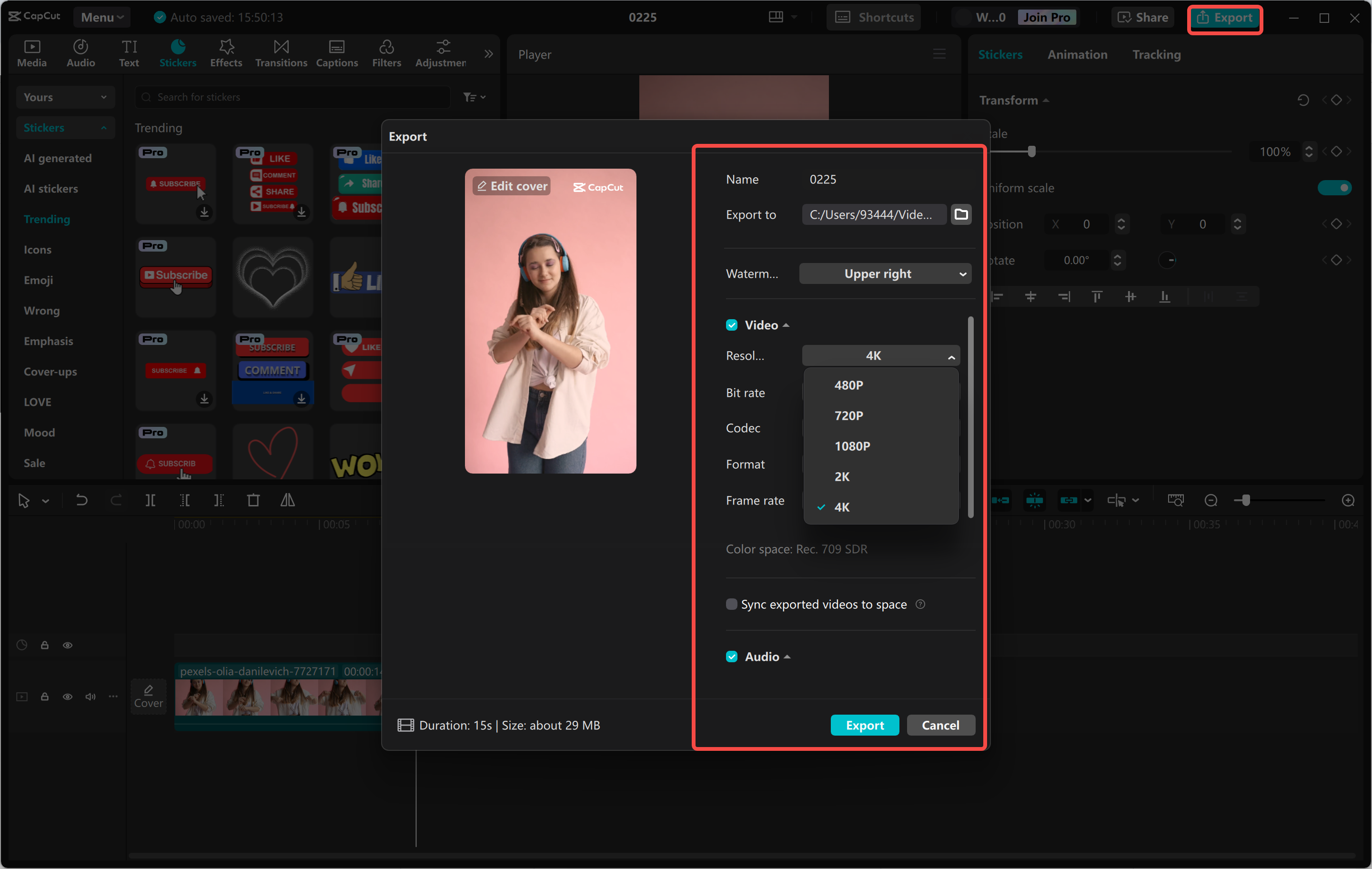 Reel exporteren na bewerking vanuit de Capcut desktop video-editor