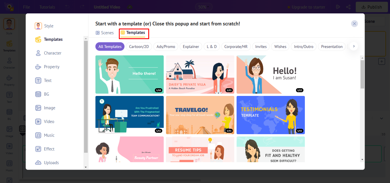 Välja mall i Animaker