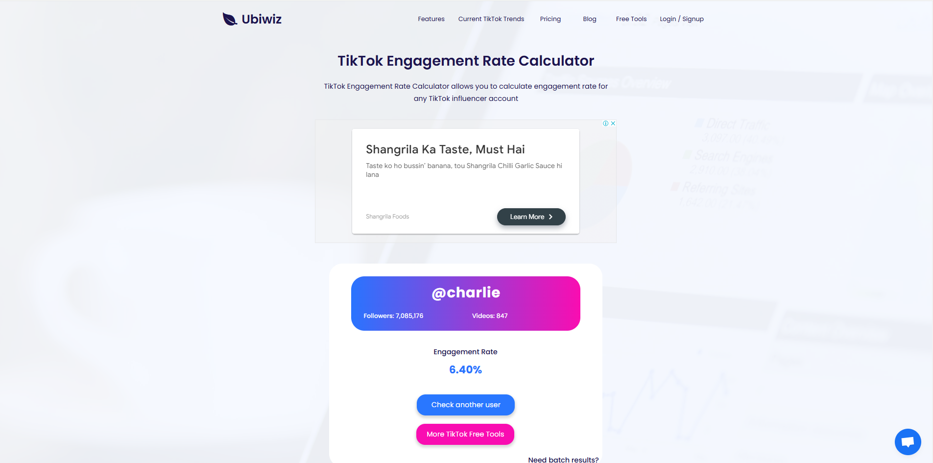 Interface do Ubiwiz - a ferramenta online perfeita para rastrear a taxa de engajamento do TikTok