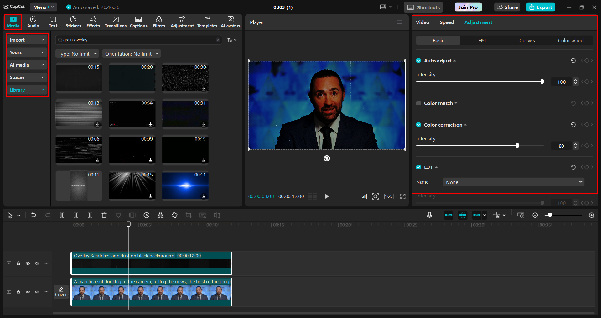 Thêm hiệu ứng lớp phủ hạt phim vào video trong trình CapCut chỉnh sửa video trên máy tính để bàn