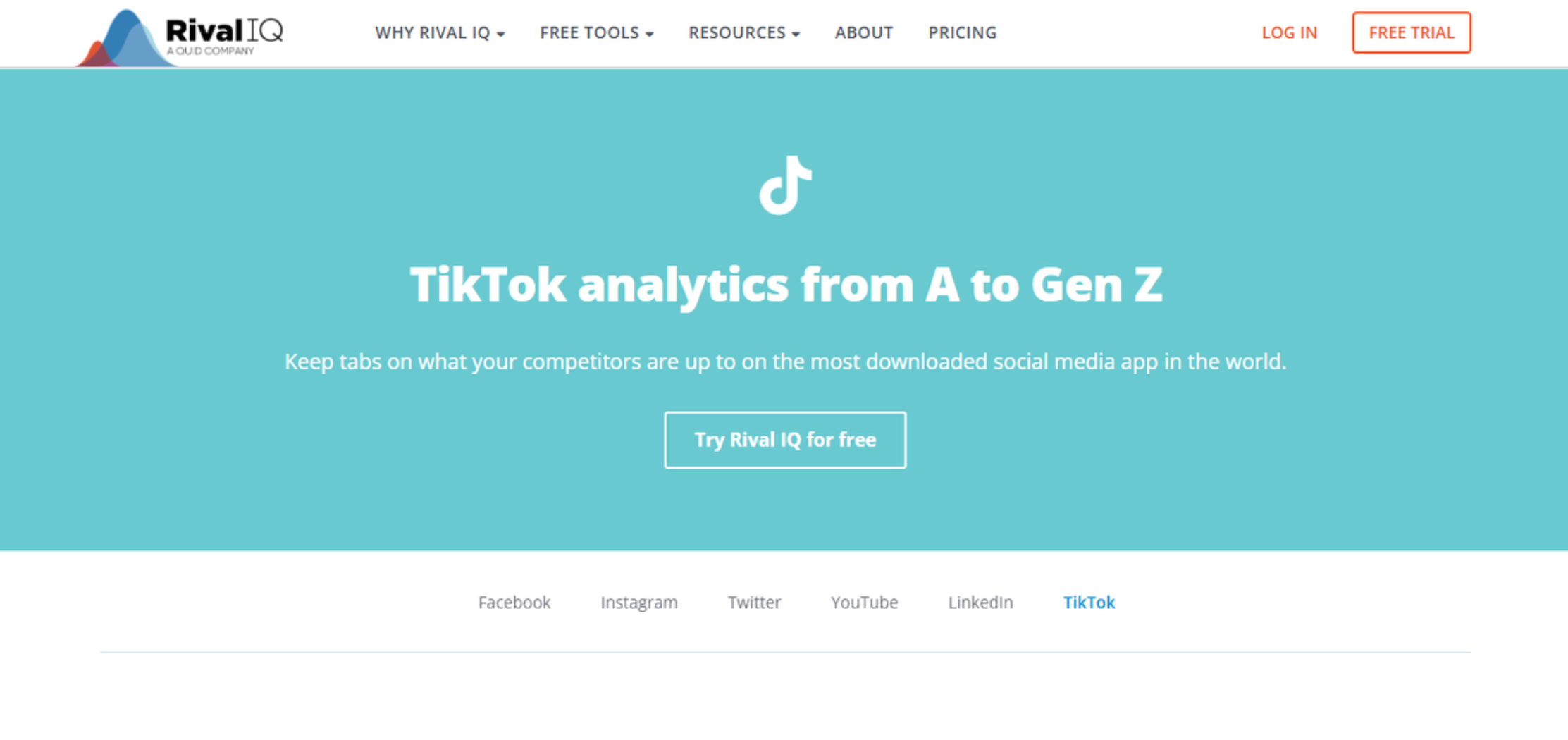 Interfaccia di Rival IQ - uno strumento analitico gratuito di TikTok facile da usare