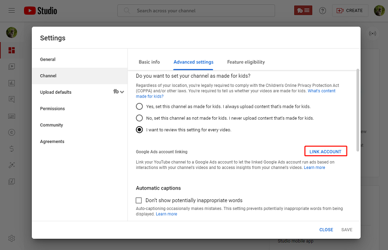 Collegamento di un canale YouTube a Google Ads su PC