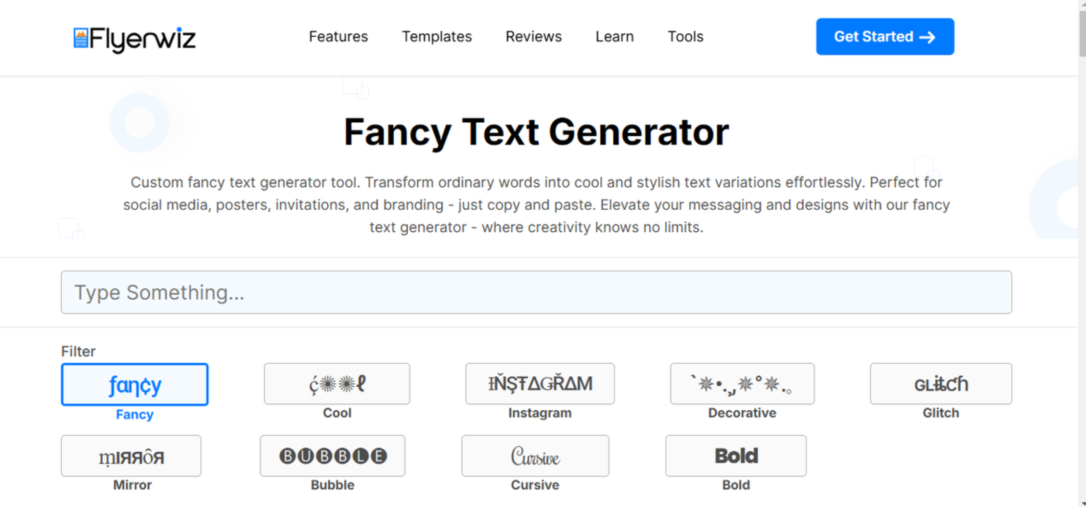 Antarmuka Flyerwiz - generator huruf kursif mewah untuk font terbaik