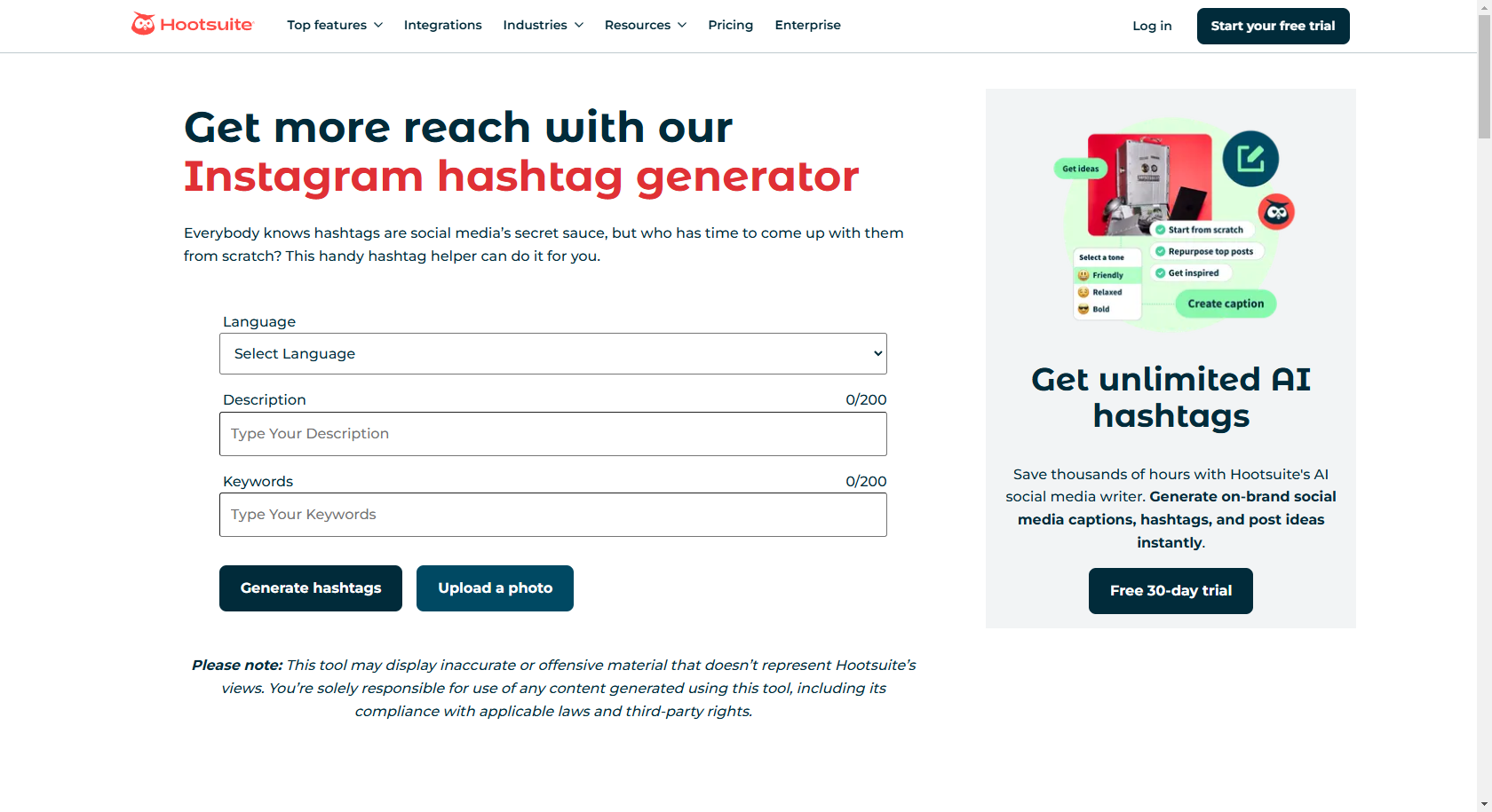 Generador de hashtags de Hootsuite