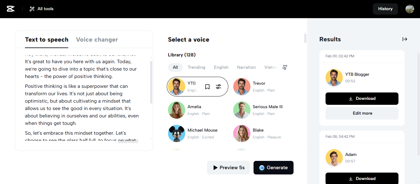 Interface texto-fala do CapCut Web