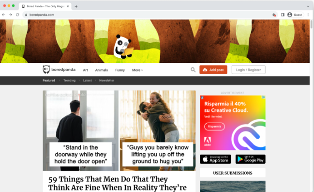 Interfaccia di BoredPanda - il luogo più apprezzato per promuovere i video di YouTube