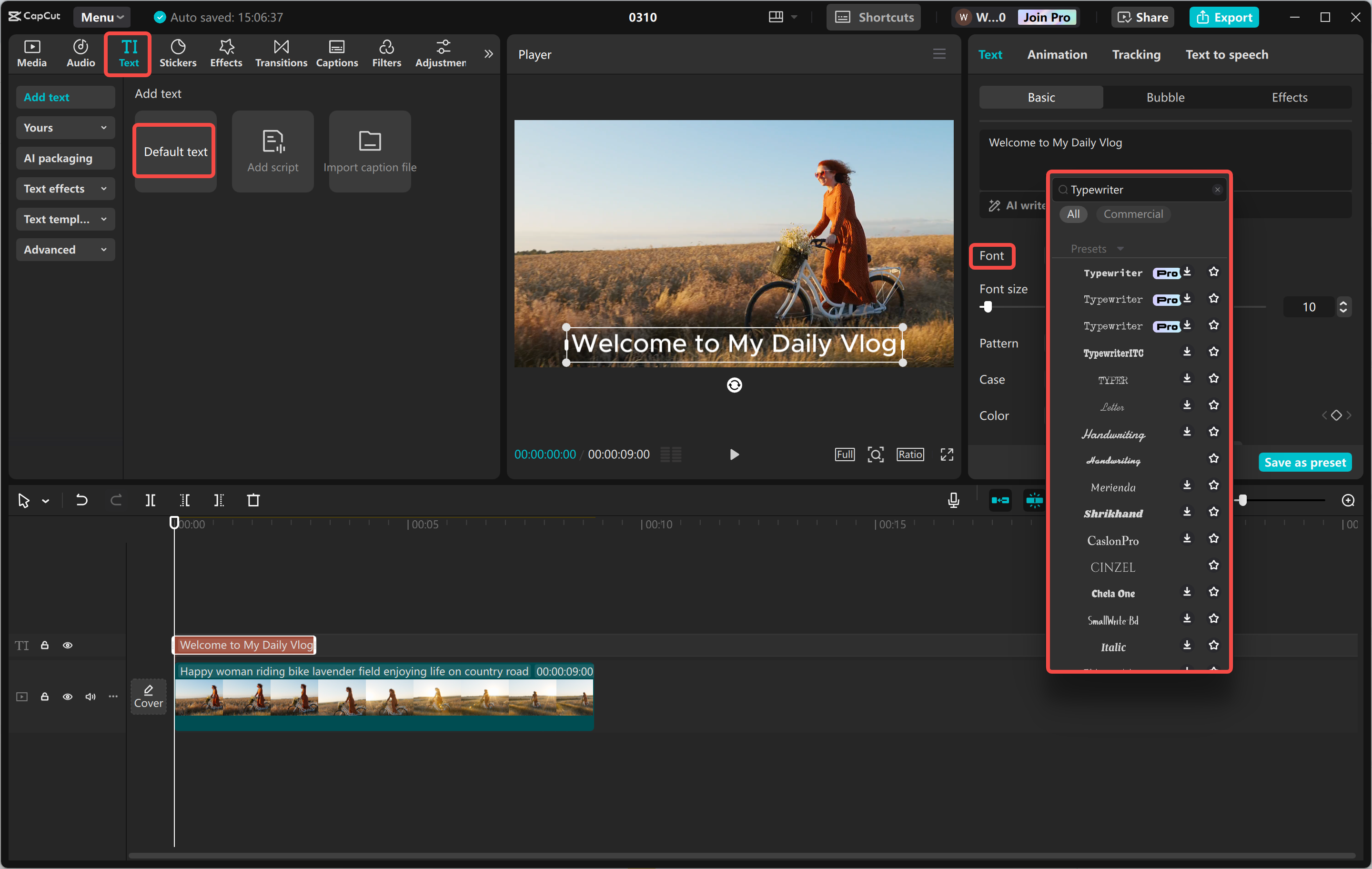 Usando o texto da máquina de escrever no editor de vídeo para desktop CapCut