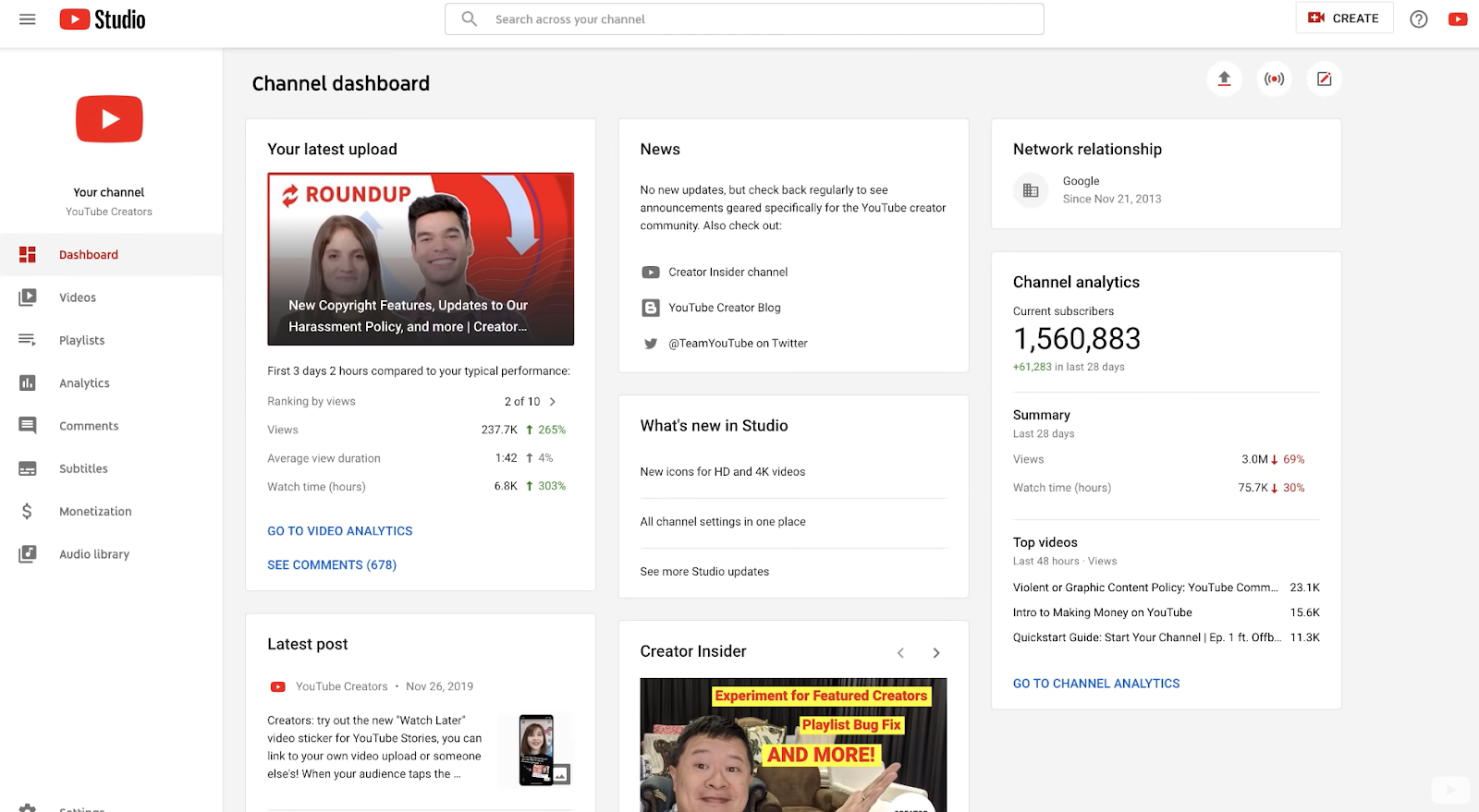 YouTube Studioチャンネルダッシュボード