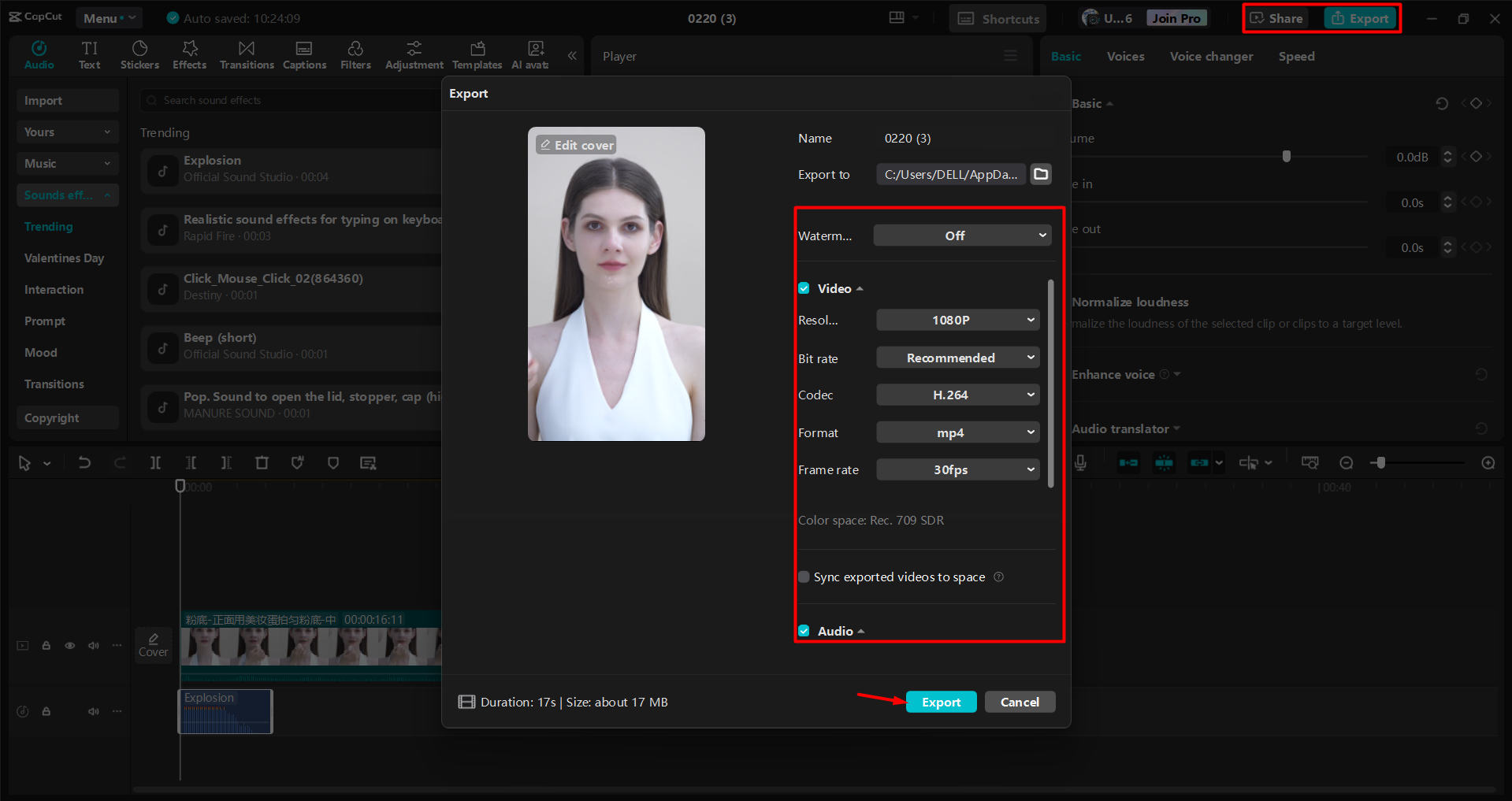 Exportar um vídeo do editor de vídeo para desktop CapCut