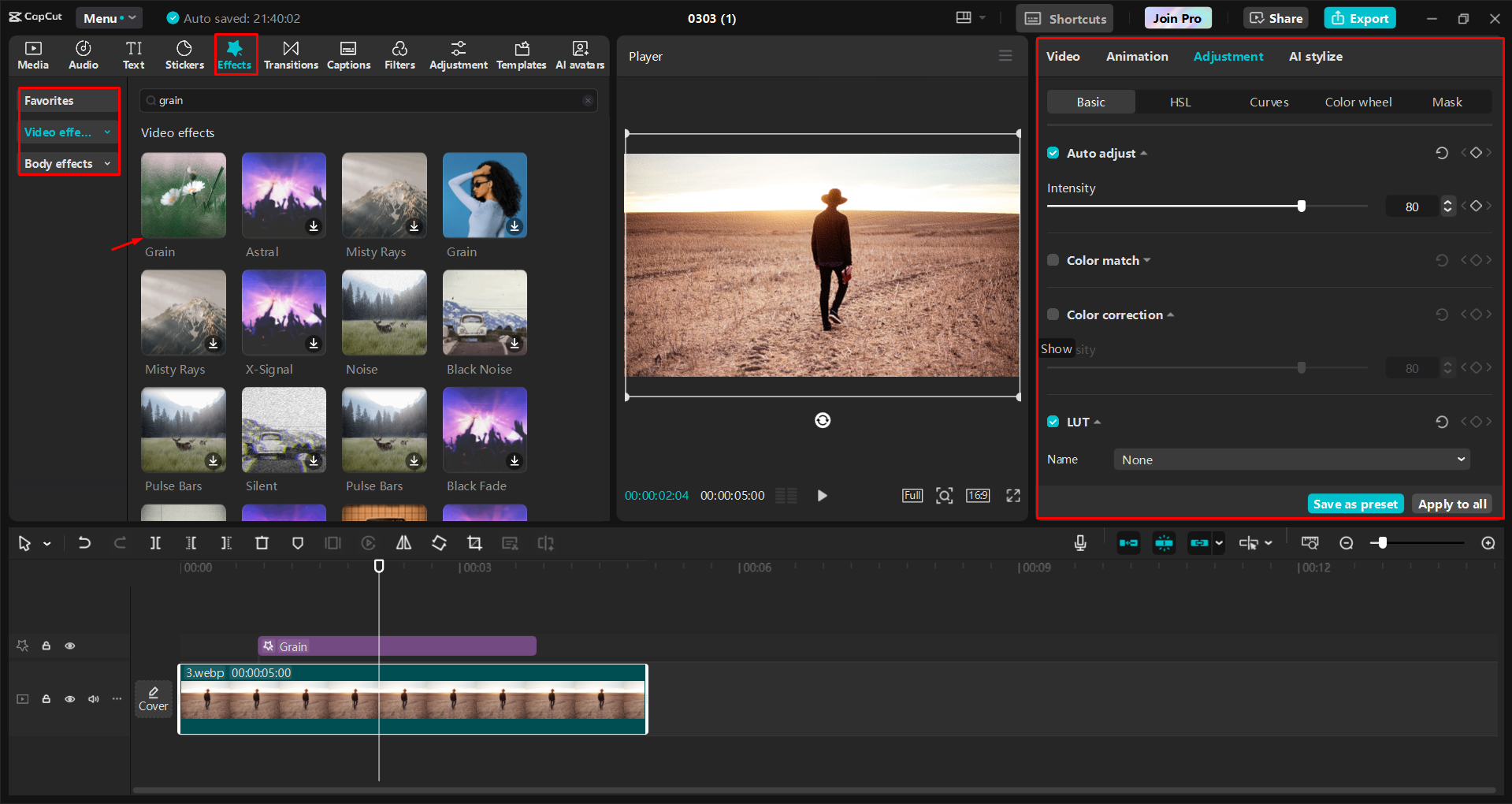 Menerapkan efek butir ke gambar di CapCut editor video desktop