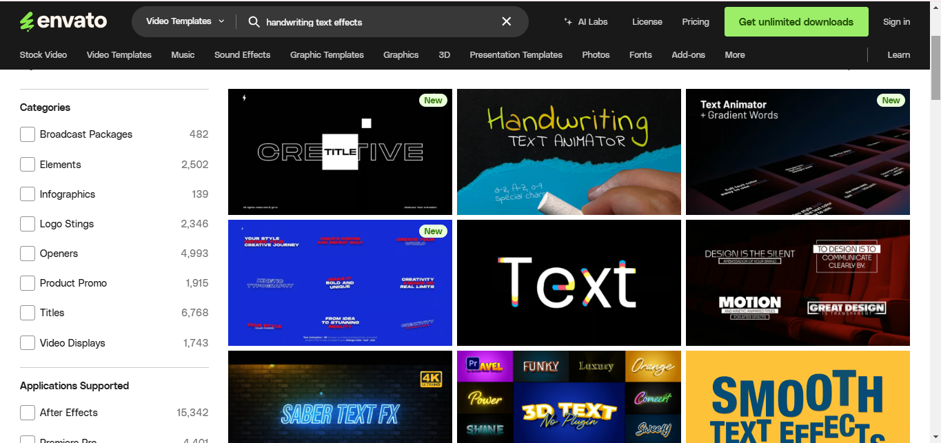 Interfaz de Envato: la mejor herramienta para encontrar el efecto de texto de escritura a mano