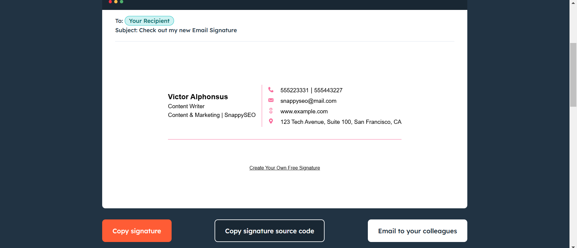 Interfaz de firma de correo electrónico de HubSpot
