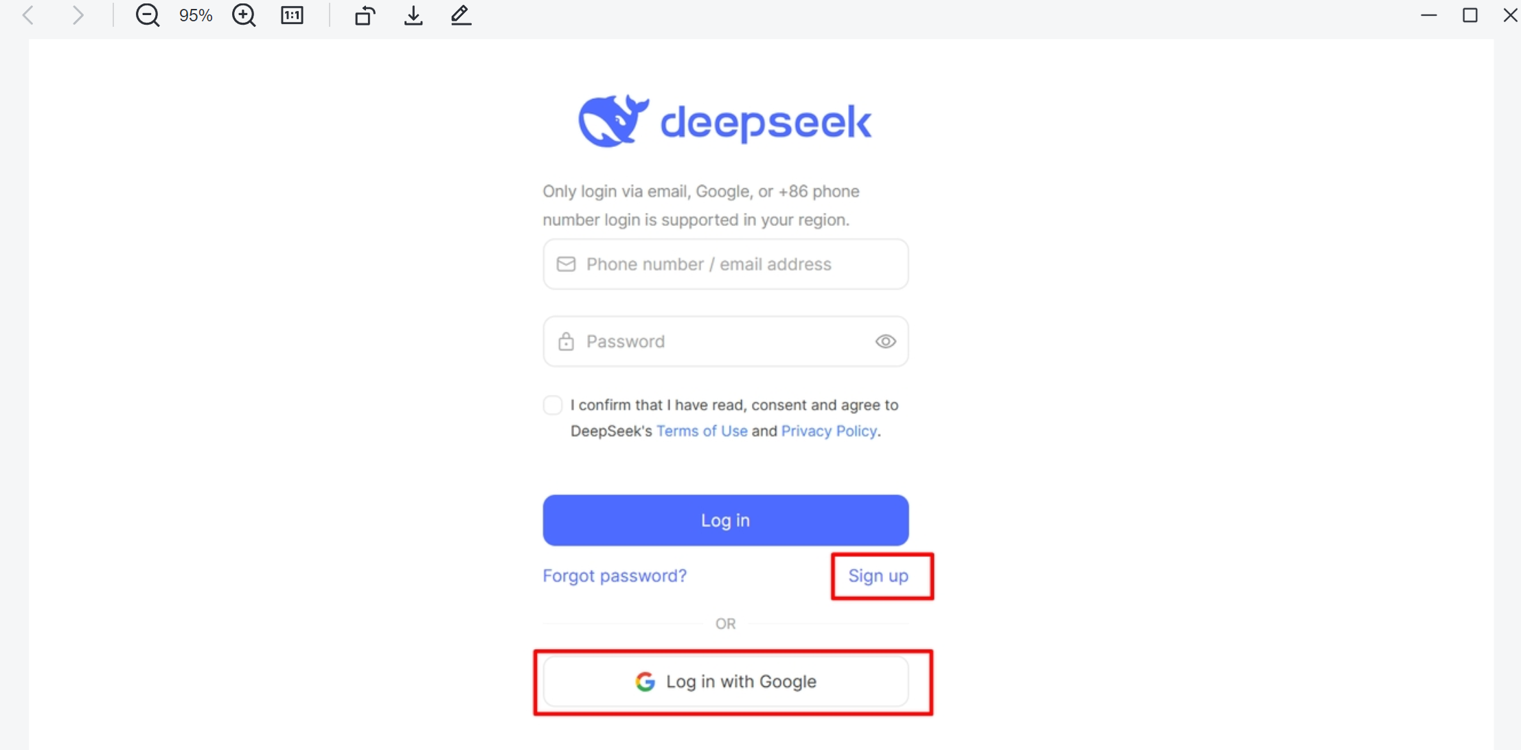 اختيار طريقة تسجيل الدخول للتسجيل في DeepSeek