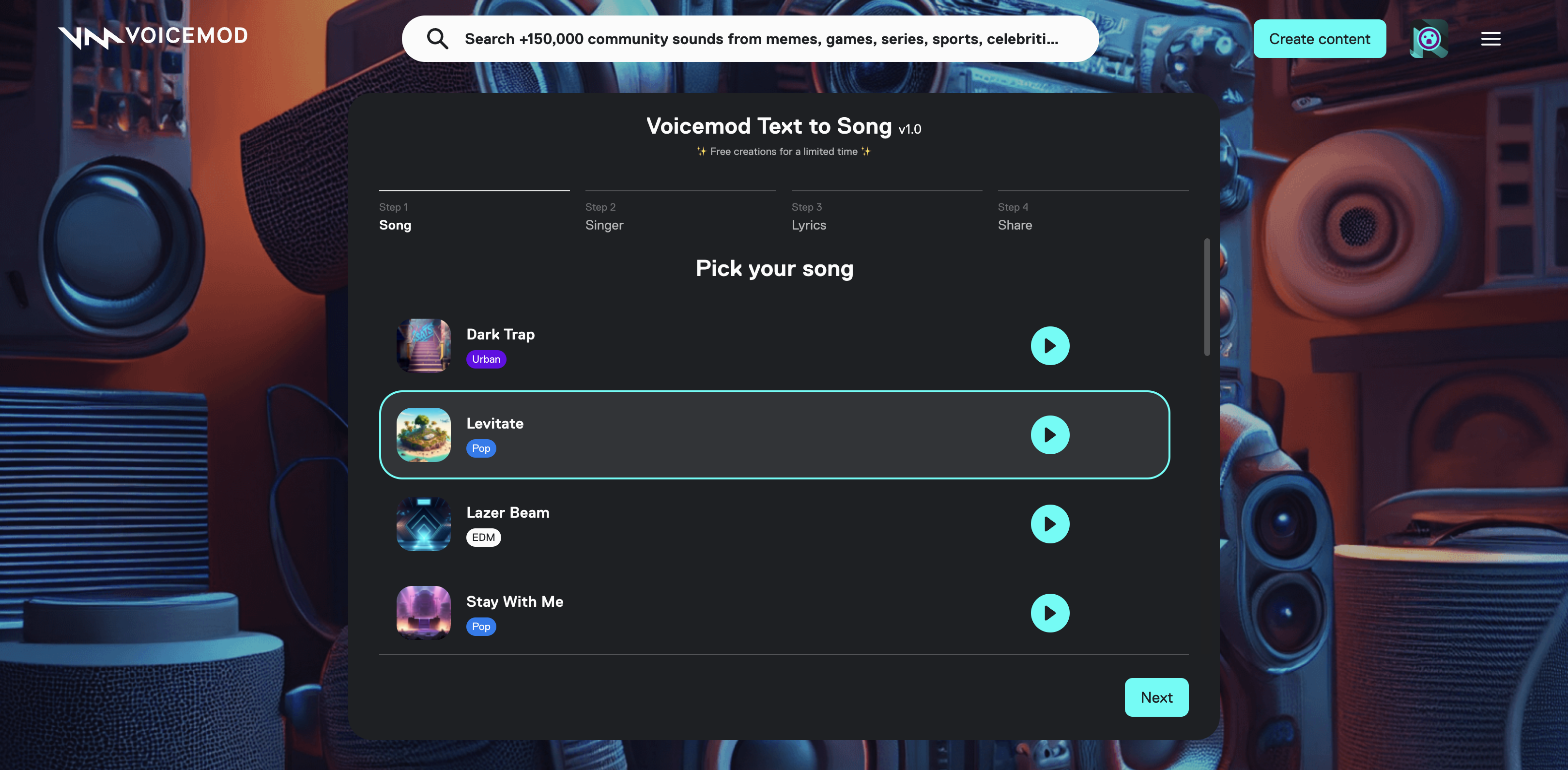 Voicemod văn bản sang giao diện bài hát
