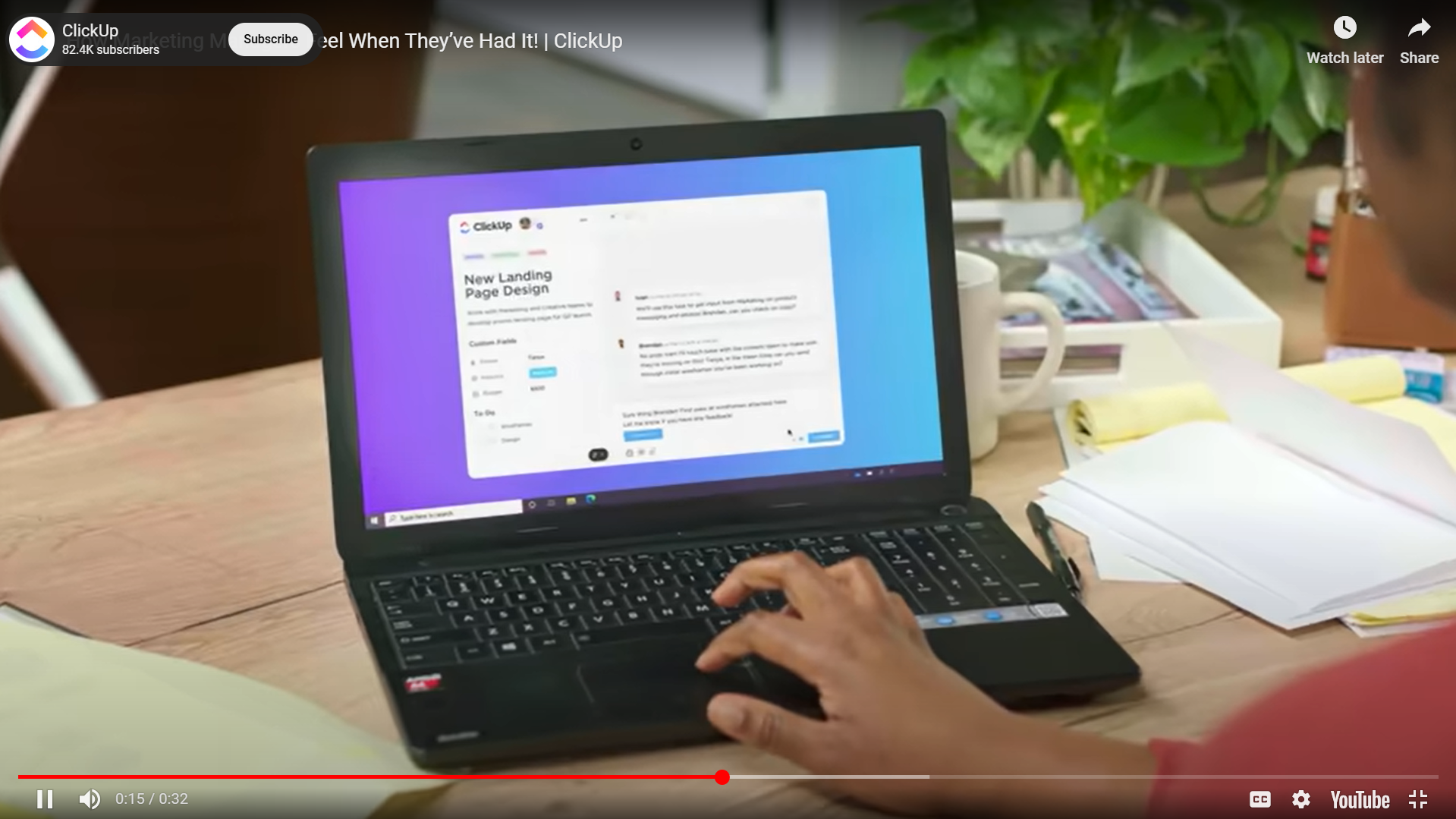 Esprili hikaye anlatımı ile ClickUp 'ın bir YouTube reklam örneği