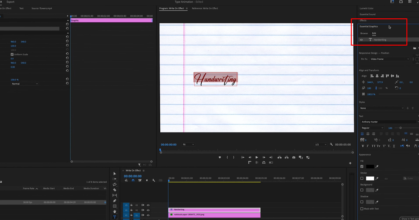 Création d'un calque de texte pour créer une animation d'écriture manuscrite dans Premiere Pro