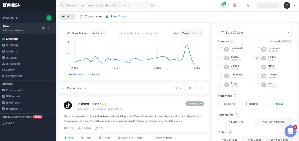Interface de Brand24 - un tracker analytique TikTok axé sur les tendances